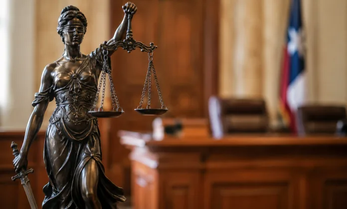 Estatua de la justicia en un tribunal chileno con la bandera de fondo